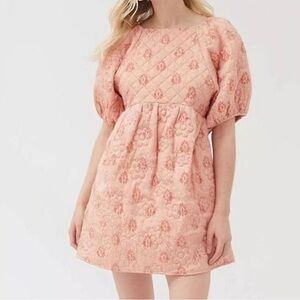 UO Kimchi Blue Astrid Embroidered Babydoll Mini Dress in Pink Combo